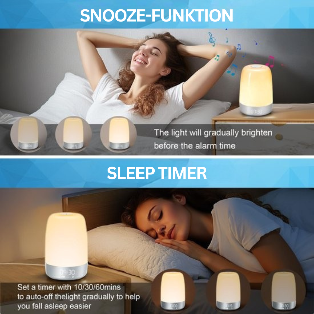 Wake-up Light mit Snooze-Funktion, Schlaf-Timer, LED-Lampe, dimmbar, für besseren Schlaf.