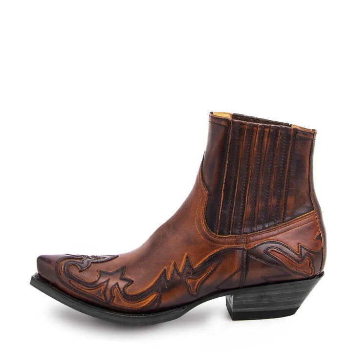 Braune Western-Cowboy-Stiefeletten, Leder, Stickdesign, spitz, Unisex, Größe 35-48.