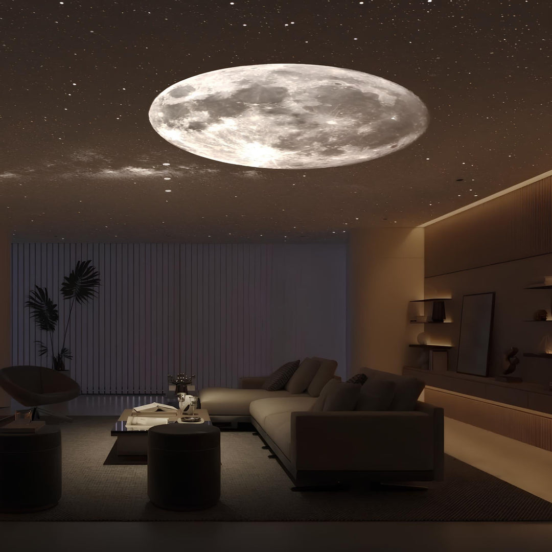 "AstroGlow Projektorlampe projiziert Sternenhimmel an Zimmerdecke, schafft magische Atmosphäre, ideal für Entspannung."