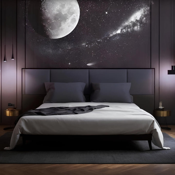 "AstroGlow Projektorlampe projiziert Sternenhimmel an Zimmerdecke, schafft magische Atmosphäre, ideal für Entspannung."