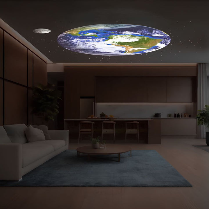 "AstroGlow Projektorlampe projiziert Sternenhimmel an Zimmerdecke, schafft magische Atmosphäre, ideal für Entspannung."