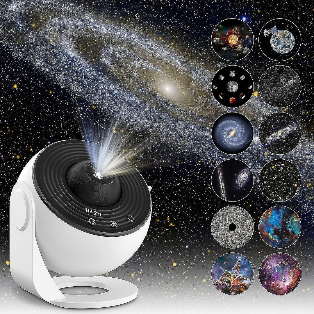 "AstroGlow Projektorlampe projiziert Sternenhimmel an Zimmerdecke, schafft magische Atmosphäre, ideal für Entspannung."