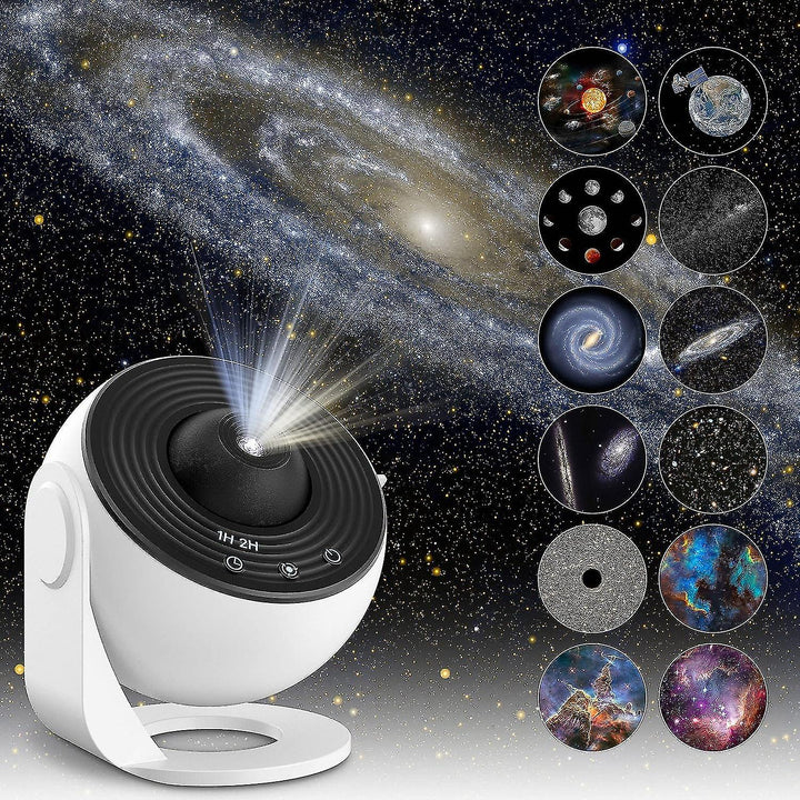 "AstroGlow Projektorlampe projiziert Sternenhimmel an Zimmerdecke, schafft magische Atmosphäre, ideal für Entspannung."