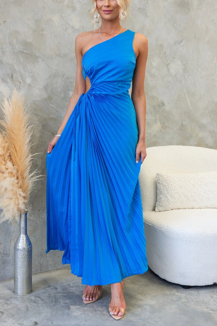 "Asymmetrisches Damen Maxikleid mit einseitigem Träger, fließender Stoff, stilvoller Faltenwurf, perfekt für besondere Anläss