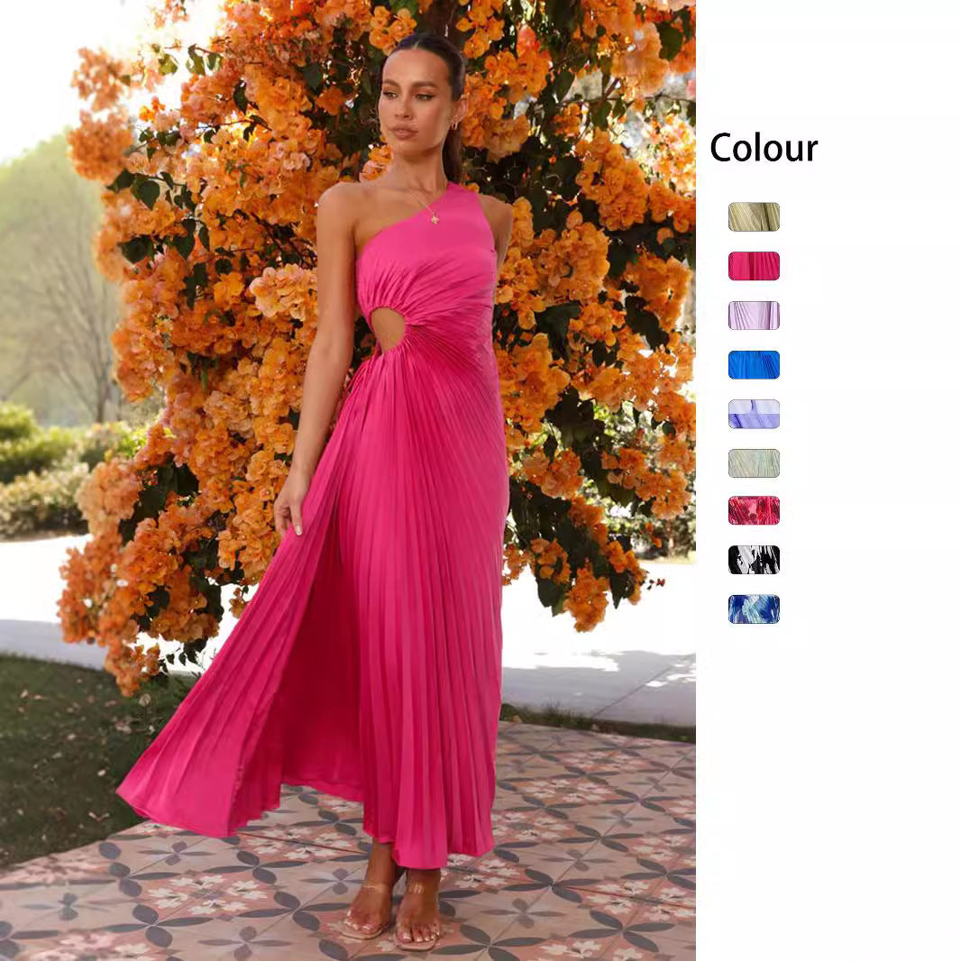 "Asymmetrisches Damen Maxikleid mit einseitigem Träger, fließender Stoff, stilvoller Faltenwurf, perfekt für besondere Anläss