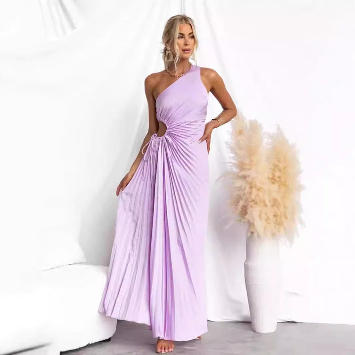 "Asymmetrisches Damen Maxikleid mit einseitigem Träger, fließender Stoff, stilvoller Faltenwurf, perfekt für besondere Anläss
