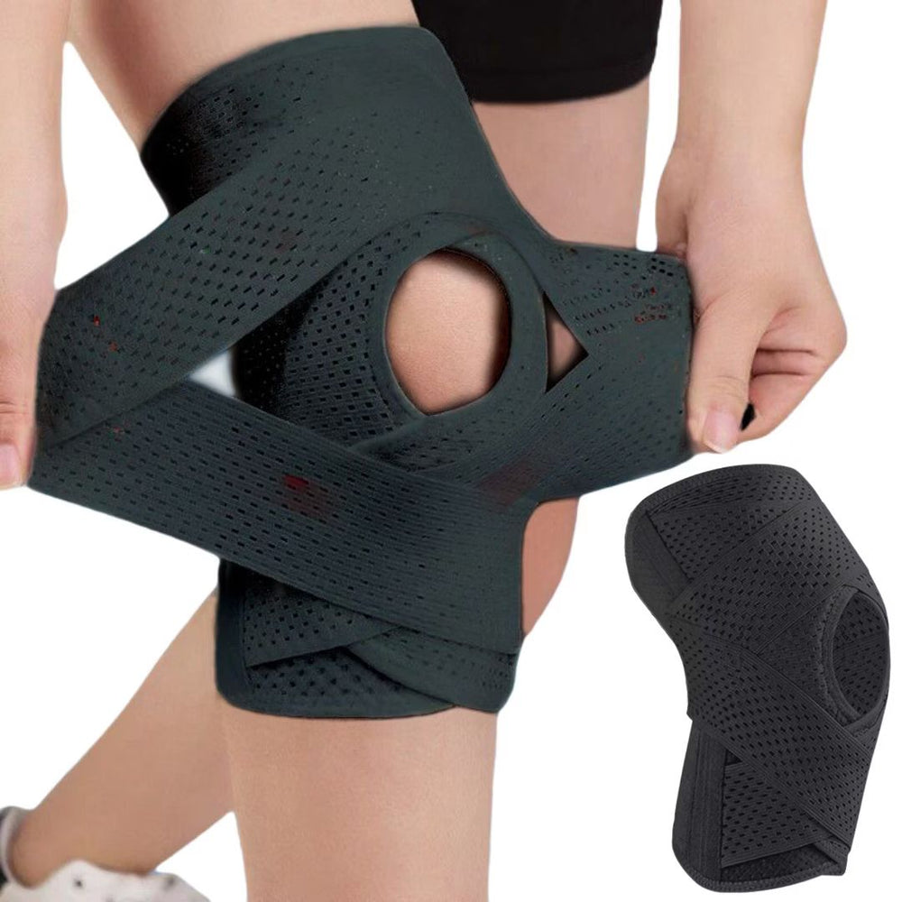 Atmungsaktive FlexGuard Kniebandage mit verstellbaren Riemen und Federstützen für Stabilität und Komfort beim Sport.