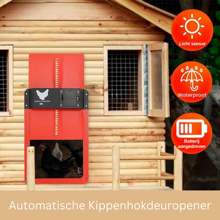 Automatischer roter Hühnerstalltüröffner, wasserdicht, lichtsensorgesteuert, batteriebetrieben.