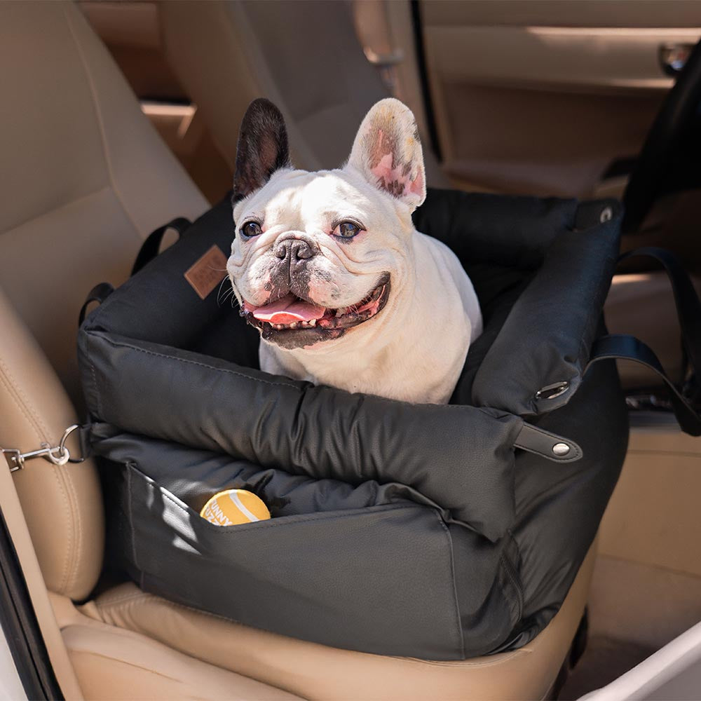 "Autositz Hundebett aus Kunstleder, dick gepolstert, in Grau, mit integrierter Leine für sicheren Hundetransport."