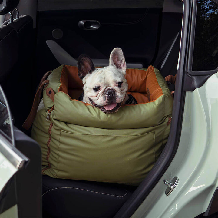 "Autositz Hundebett aus Kunstleder, dick gepolstert, in Grau, mit integrierter Leine für sicheren Hundetransport."