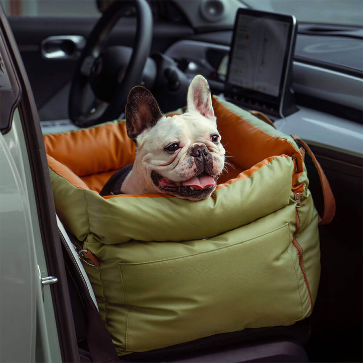 "Autositz Hundebett aus Kunstleder, dick gepolstert, in Grau, mit integrierter Leine für sicheren Hundetransport."