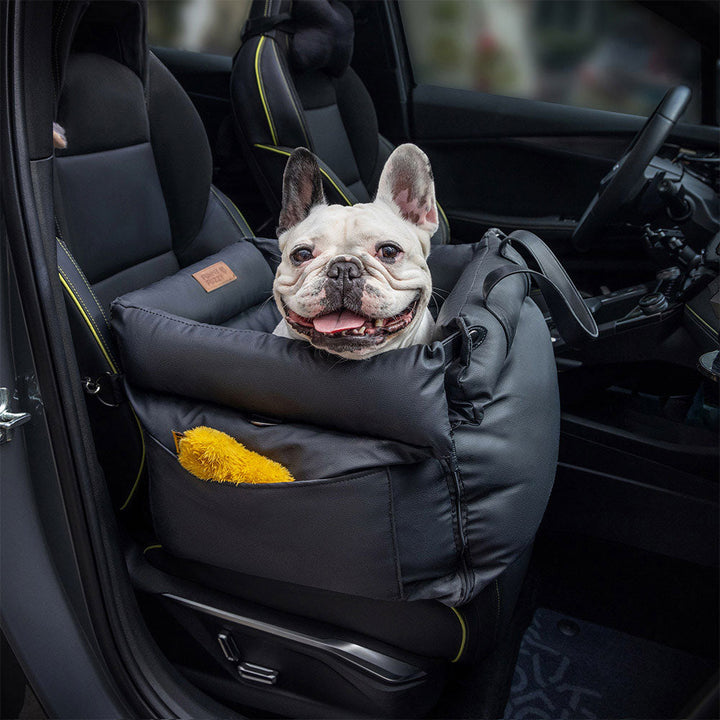 "Autositz Hundebett aus Kunstleder, dick gepolstert, in Grau, mit integrierter Leine für sicheren Hundetransport."