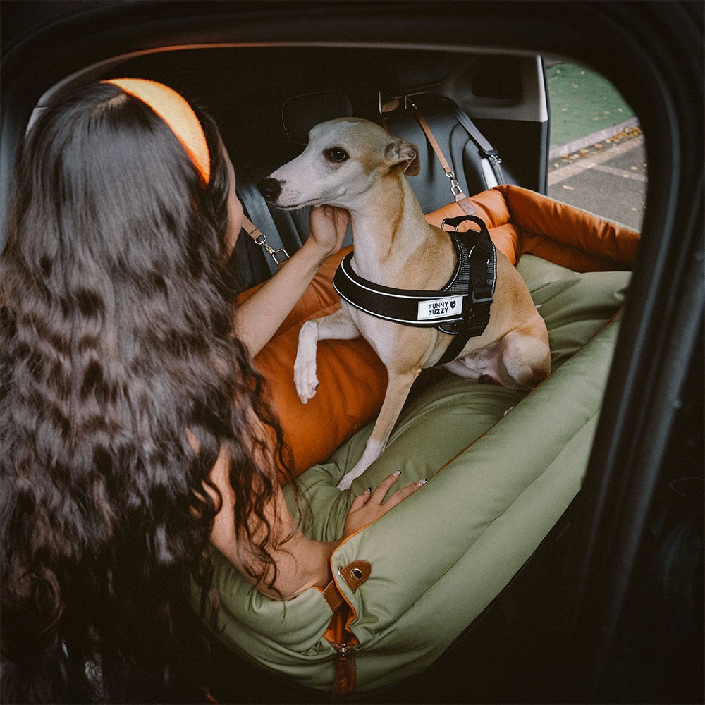 "Autositz Hundebett aus Kunstleder, dick gepolstert, in Grau, mit integrierter Leine für sicheren Hundetransport."