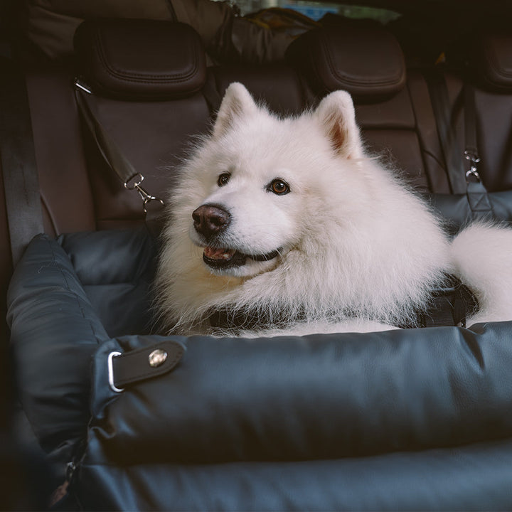 "Autositz Hundebett aus Kunstleder, dick gepolstert, in Grau, mit integrierter Leine für sicheren Hundetransport."
