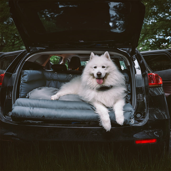 "Autositz Hundebett aus Kunstleder, dick gepolstert, in Grau, mit integrierter Leine für sicheren Hundetransport."