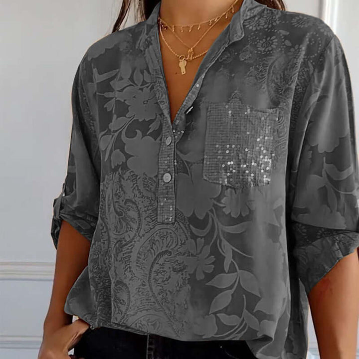 Floré-Bluse: Bedruckte Damenbluse mit Vordertasche