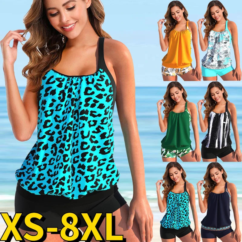 Damen Tankini Set, Leopard Print, Blau, Größen XS-8XL, Strandmode, Sommer Bademode