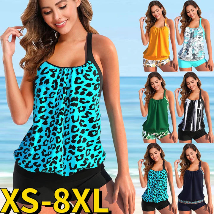 Damen Tankini Set, Leopard Print, Blau, Größen XS-8XL, Strandmode, Sommer Bademode