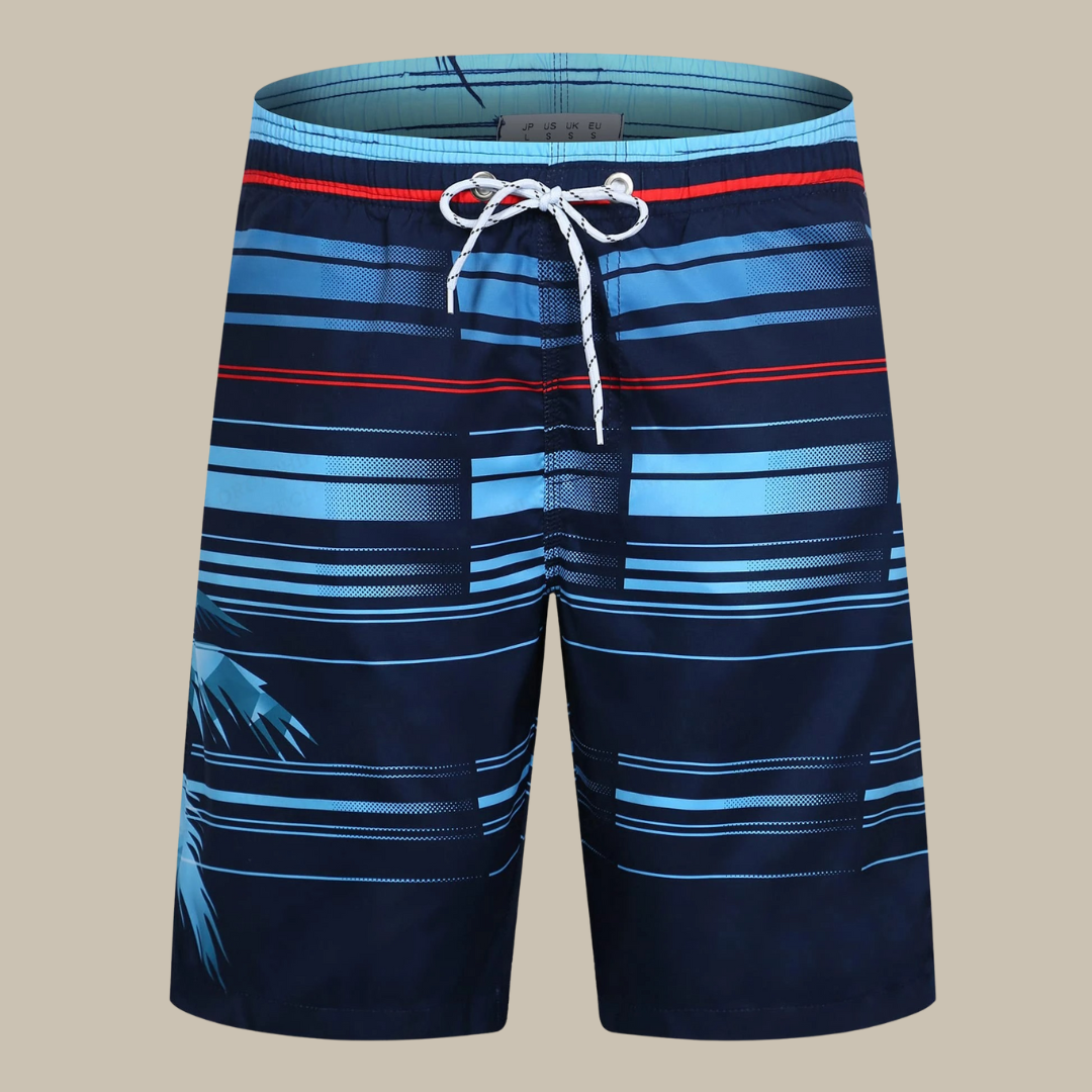 Dunkelblaue Herren-Badeshorts mit Streifenmuster und Kordelzug, ideal für Sommer und Strand.