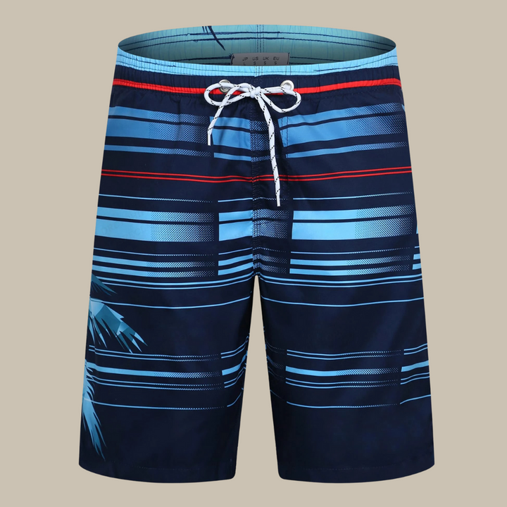 Dunkelblaue Herren-Badeshorts mit Streifenmuster und Kordelzug, ideal für Sommer und Strand.