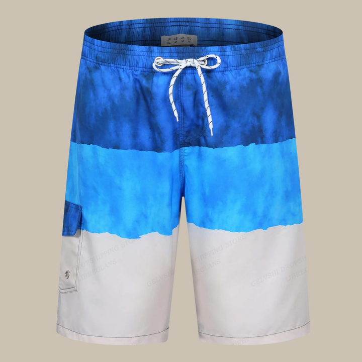 Blau-weiße Herren-Badeshorts mit Kordelzug, Taschen, aus Polyester, ideal für Sommer und Strand.