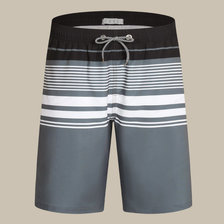 Graue Herren-Badeshorts mit Streifenmuster, Kordelzug, schnell trocknend, Sommermode.