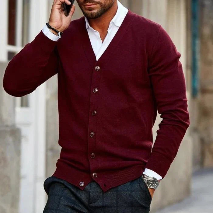"Baumwoll-Casual-Cardigan für Herren, Vorderansicht, zeitloses, elegantes Design, hochwertiges Material, perfekter Sitz."