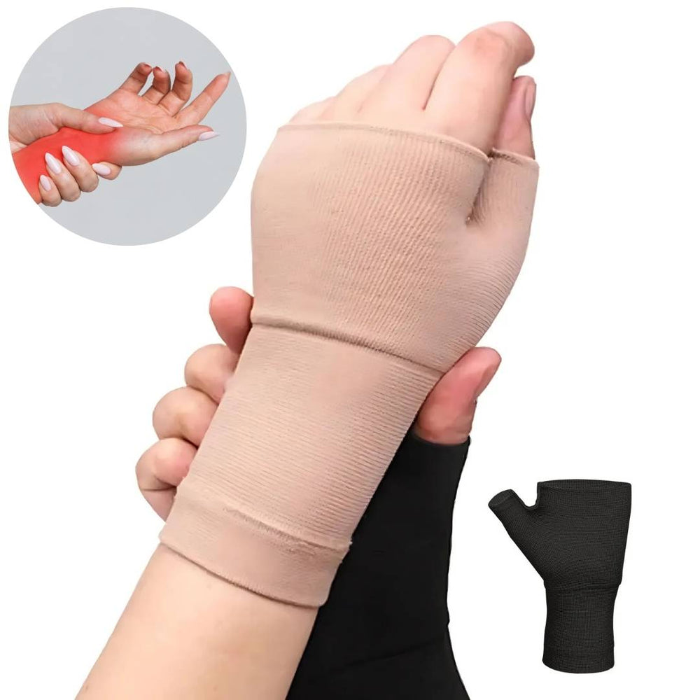 "Beige Handgelenk-Kompressionsmanschette mit Daumenstütze für Schmerzlinderung und Schwellungsreduktion. Größen S bis XL."