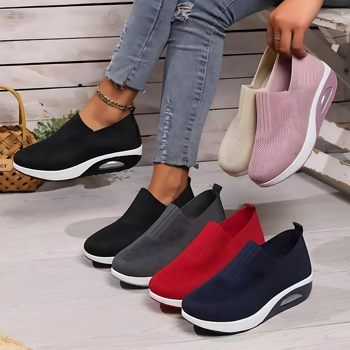 "Bequeme orthopädische Schuhe für Damen mit ergonomischer Sohle in Beige, Dunkelblau, Grau, Rosa, Rot, Schwarz, Weiß."