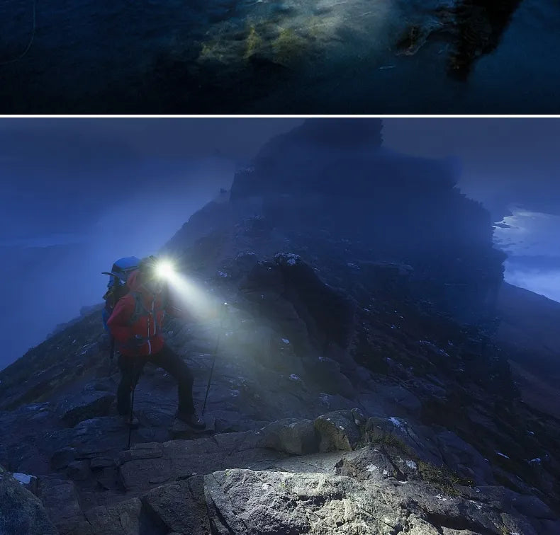 Bergsteiger mit Stirnlampe auf nächtlichem Bergpfad, Outdoor-Abenteuer, Wandern, Dunkelheit.
