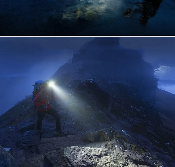 Bergsteiger mit Stirnlampe auf nächtlichem Bergpfad, Outdoor-Abenteuer, Wandern, Dunkelheit.