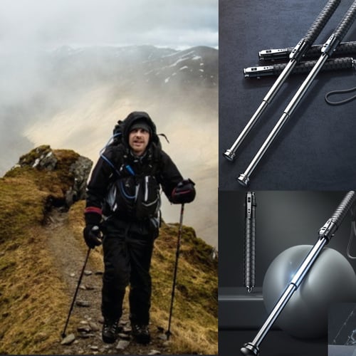 Mann beim Wandern mit Trekkingstöcken, ausziehbar, leicht, robust, Outdoor-Ausrüstung.