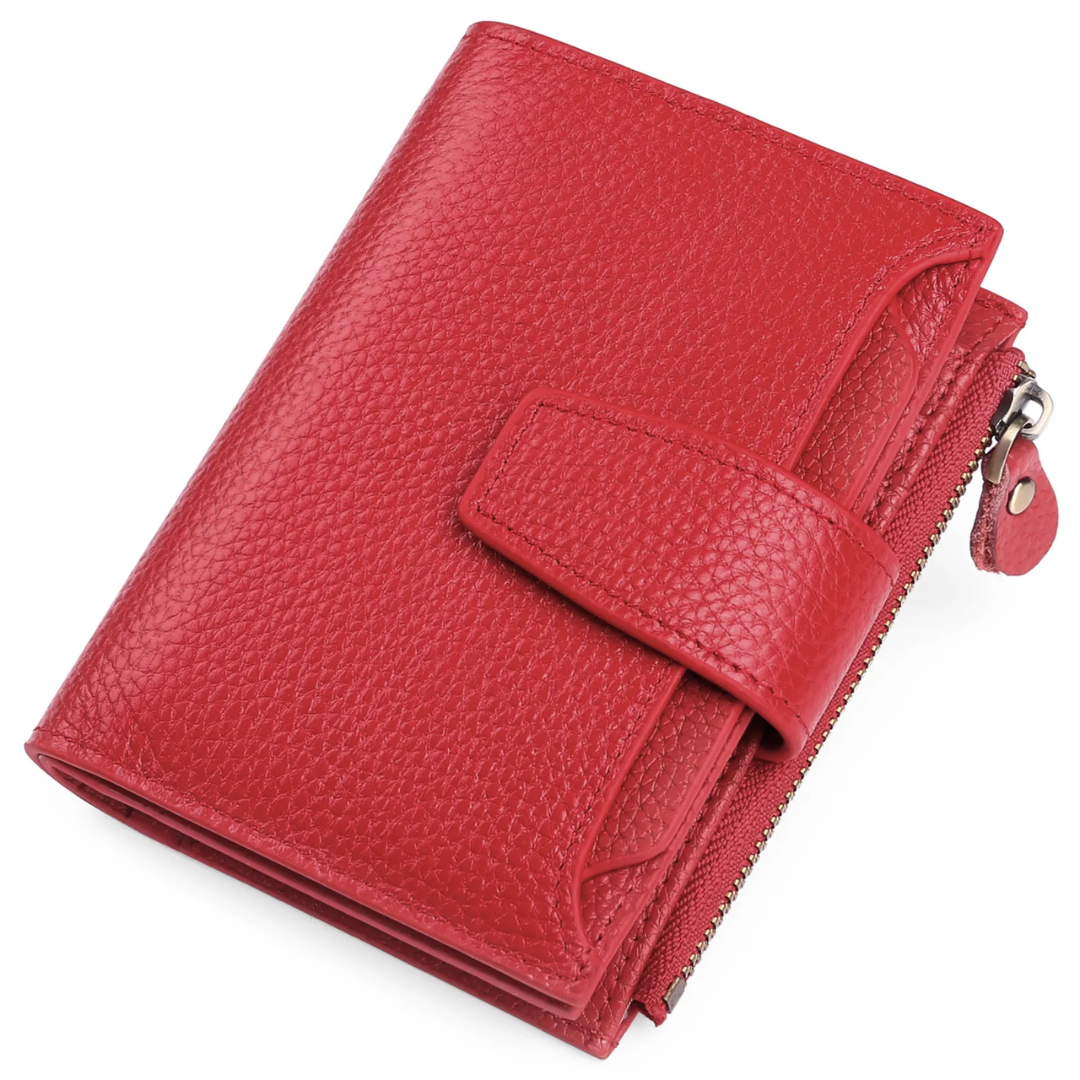 Rote Leder-Geldbörse mit Reißverschluss und Druckknopf, Damen Portemonnaie, elegant und praktisch.