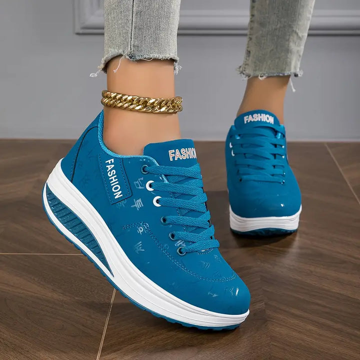 Blaue Damen-Sneaker mit Keilabsatz, modisch, bequem, für Freizeit, Jeans-Look.