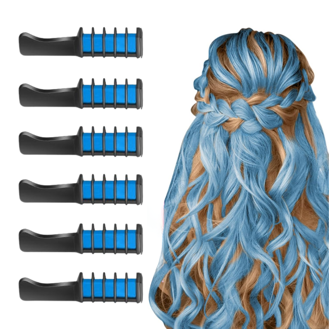 Sechs blaue Haarstyling-Werkzeuge und geflochtenes blaues Haar, Frisurenzubehör.