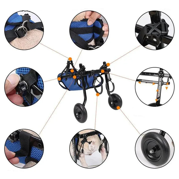 Blauer Hundehilfe-Rollstuhl für Haustiere, fördert Mobilität, verstellbare Gurte, leichtes Gestell, ideal für Hunde & Katzen.