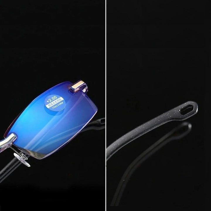 Brille mit blauen Gläsern, randlos, +2.00 Dioptrien, schwarzer Rahmen, modisch, unisex.