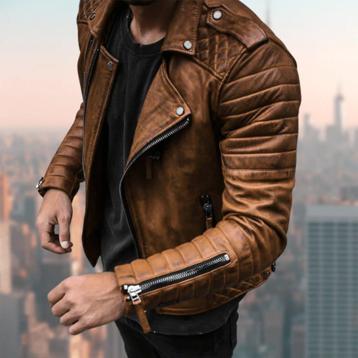Braune Lederjacke für Herren, Biker-Stil, Reißverschlüsse, modisch, hochwertig.