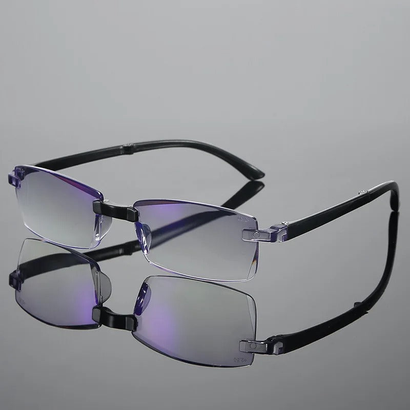 Randlose Brille mit schwarzen Bügeln, rechteckige Gläser, Antireflexbeschichtung, Unisex.