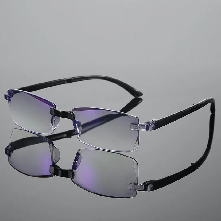 Randlose Brille mit schwarzen Bügeln, rechteckige Gläser, Antireflexbeschichtung, Unisex.