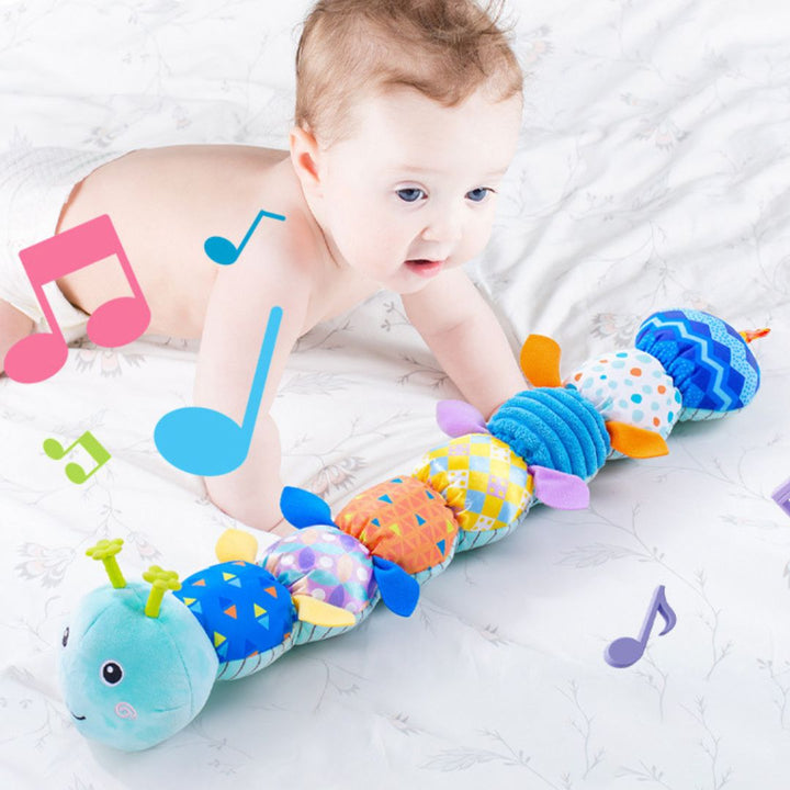 "Bunte Plüsch-Musikraupe für Babys, leuchtende Farben, weiche Texturen, Musikfunktion, fördert sensorische Entwicklung"