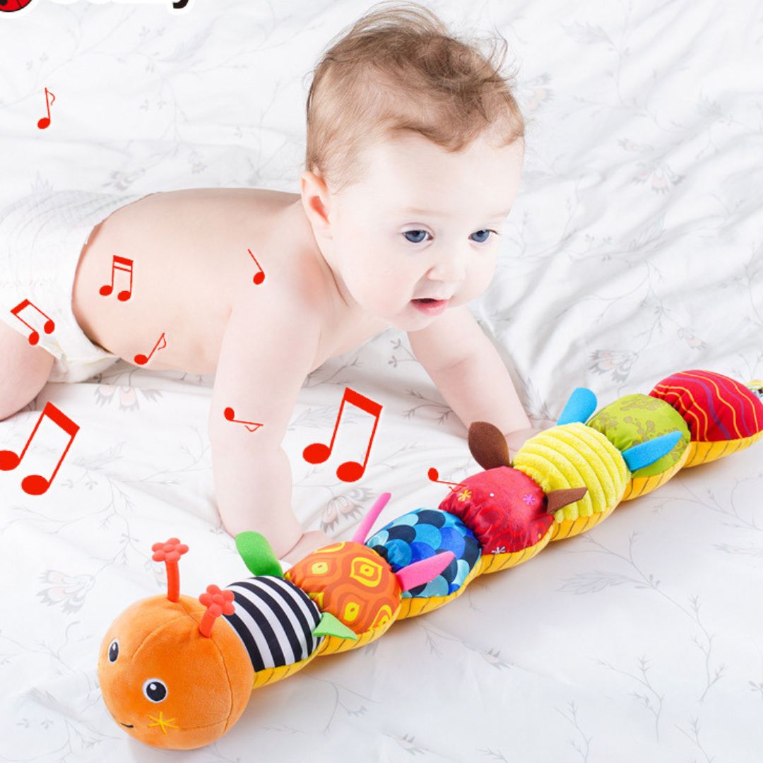 "Bunte Plüsch-Musikraupe für Babys, leuchtende Farben, weiche Texturen, Musikfunktion, fördert sensorische Entwicklung"