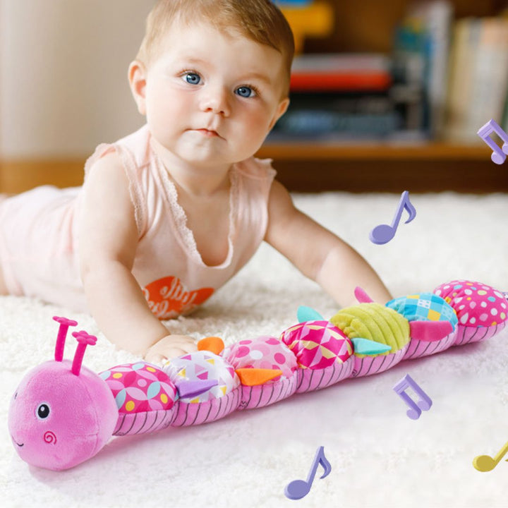 "Bunte Plüsch-Musikraupe für Babys, leuchtende Farben, weiche Texturen, Musikfunktion, fördert sensorische Entwicklung"