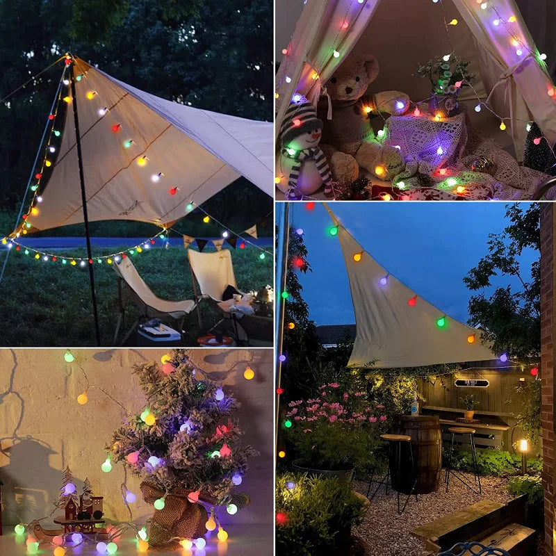 "Bunte, wetterfeste, solarbetriebene LED-Lichterkette für Außenbereich in Regenbogenfarben, umweltfreundlich und dekorativ."