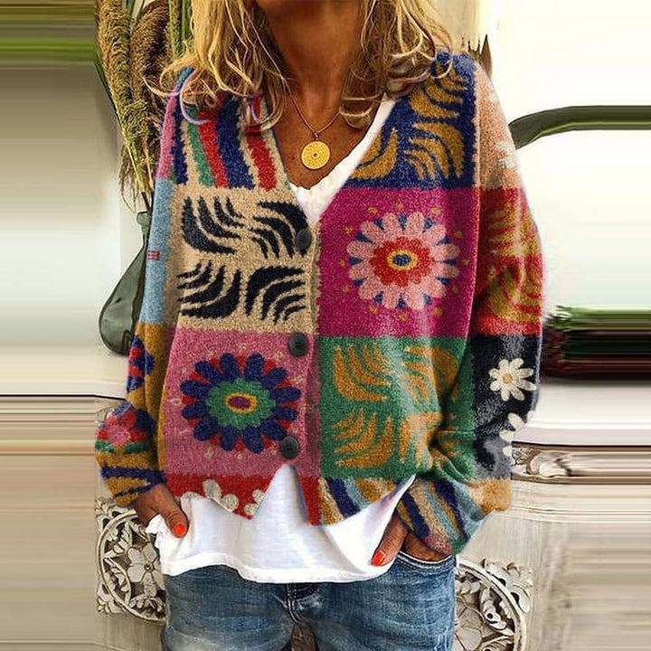 Bunte Damen-Strickjacke mit Blumenmuster, V-Ausschnitt, Knöpfen, lässig, modisch.