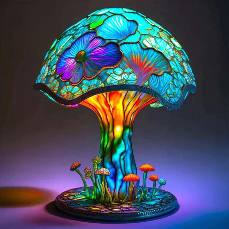 Buntes Tiffany-Pilzlampe, Glas, LED, dekorative Tischleuchte, Blumenmuster, Wohnzimmerbeleuchtung