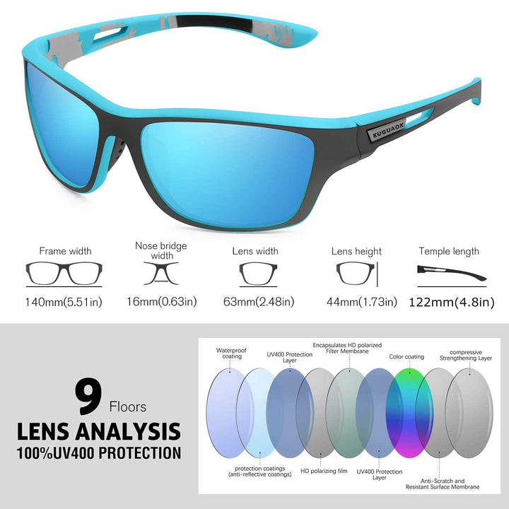 Sonnenbrille mit blauen Gläsern, UV400 Schutz, schwarzer Rahmen, sportliches Design.