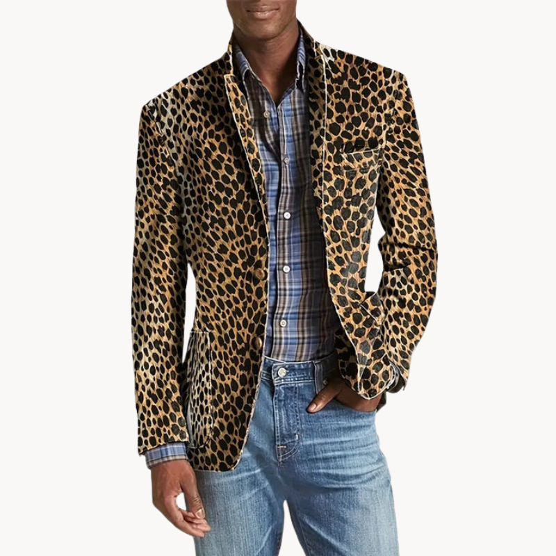 "Chic Leopardenmuster Herren Blazer, casual und elegant, mit auffälligem Design für stilbewusste Männer, perfekte Passform."