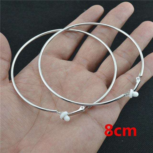 Silberne Clip-Ohrringe ohne Stecker, großer Kreis, 8 cm, modischer Schmuck.