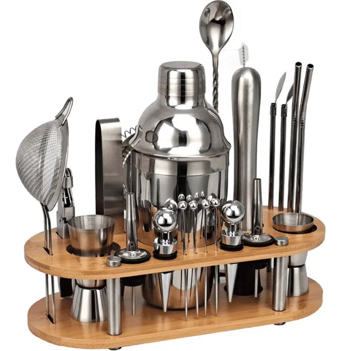 Cocktail-Set aus Edelstahl mit Bambusständer, Shaker, Sieb, Löffel, Strohhalme, Barzubehör.